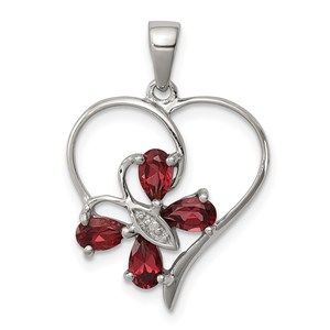 925 Sterling Silver Rhodium Garnet & Diamond Butterfly Heart Necklace Pendant